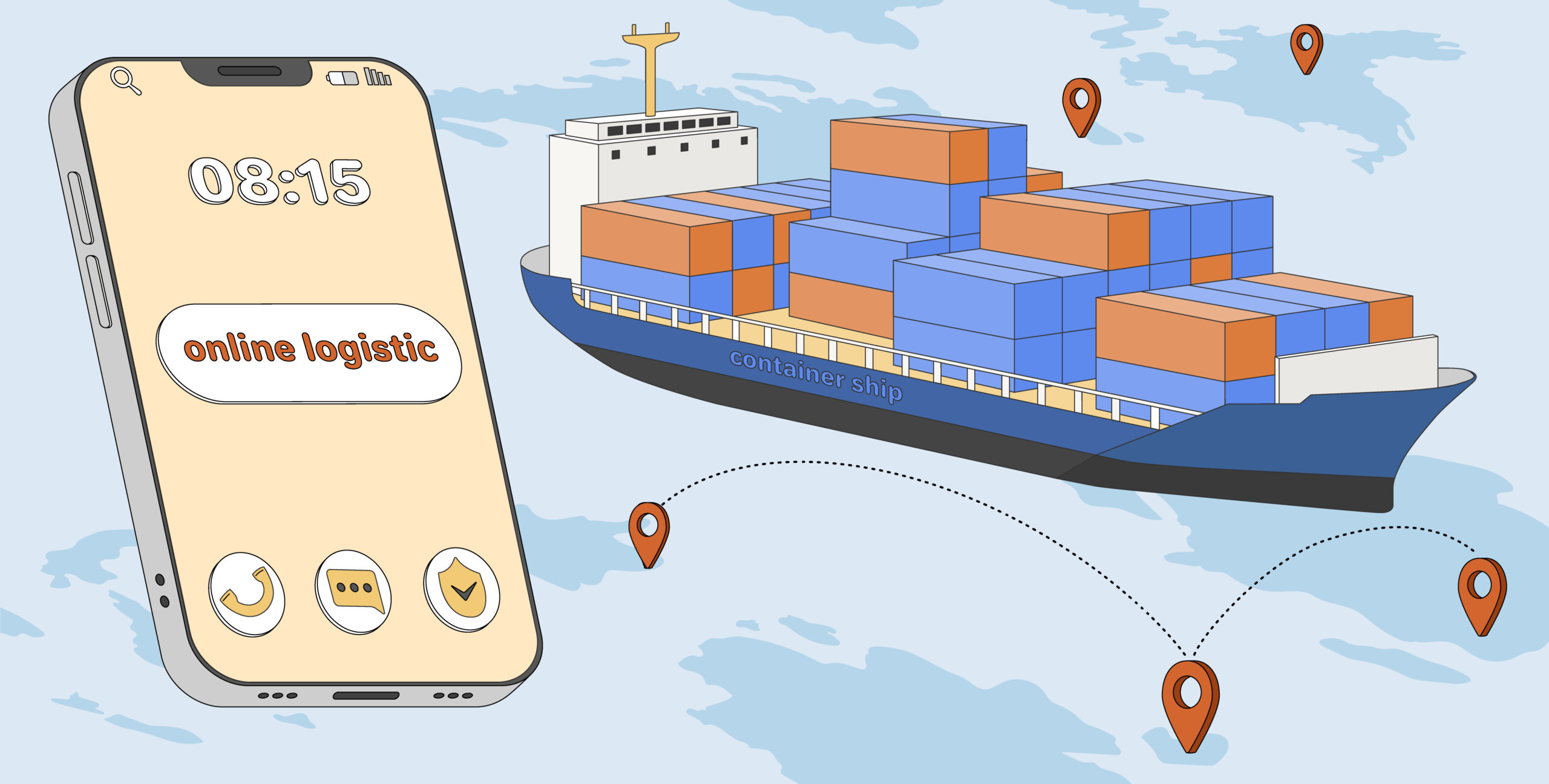 Smart logistics with cargo ship containers and huge smartphone